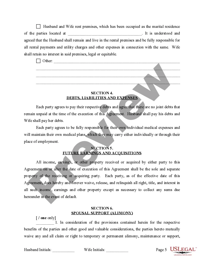 Preview Marital Domestic Separation and Property Settlement Agreement Minor Children no Joint Property or Debts where Divorce Action Filed