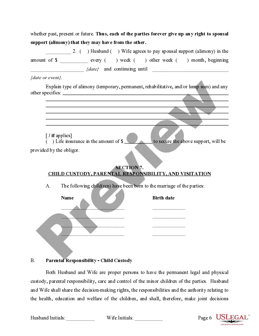 Preview Marital Domestic Separation and Property Settlement Agreement Minor Children no Joint Property or Debts where Divorce Action Filed