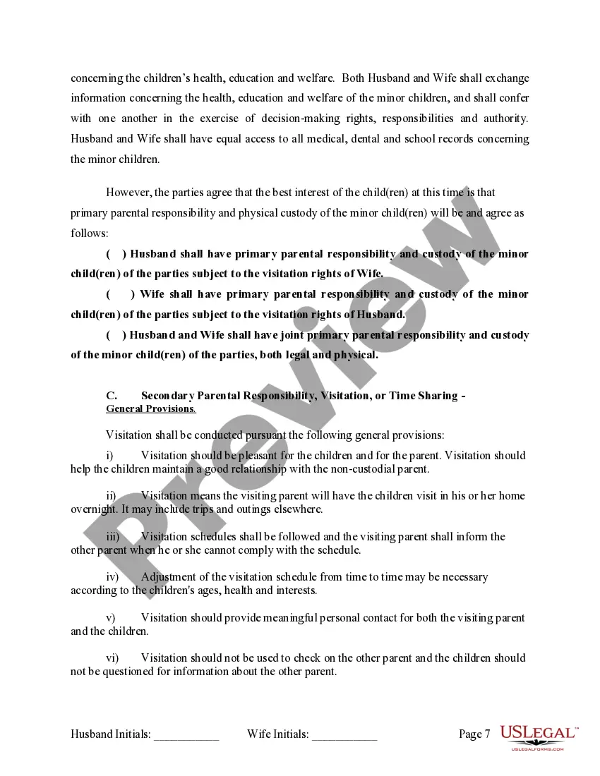Preview Marital Domestic Separation and Property Settlement Agreement Minor Children no Joint Property or Debts where Divorce Action Filed
