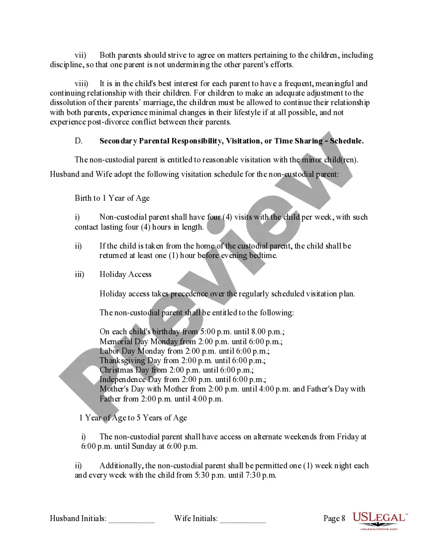 Preview Marital Domestic Separation and Property Settlement Agreement Minor Children no Joint Property or Debts where Divorce Action Filed