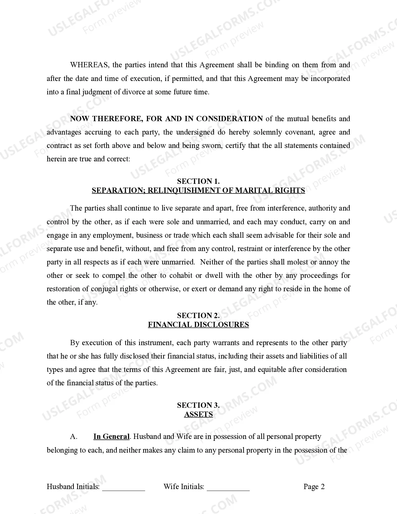 Preview Marital Domestic Separation and Property Settlement Agreement Minor Children Parties May have Joint Property or Debts effective Immediately