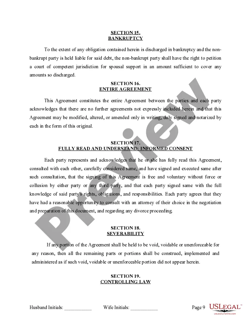 Preview Marital Domestic Separation and Property Settlement Agreement for persons with no Children, no Joint Property, or Debts Effective Immediately
