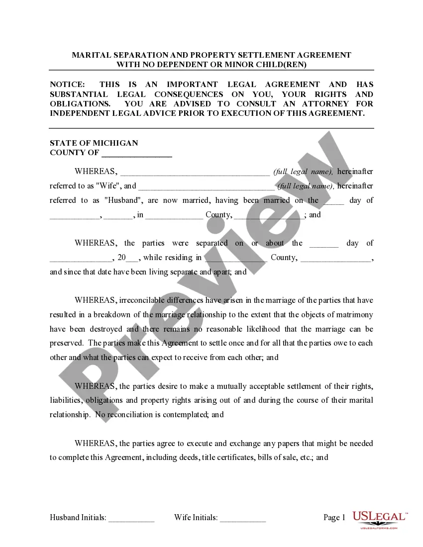 Preview Marital Domestic Separation and Property Settlement Agreement for persons with no Children, no Joint Property, or Debts Effective Immediately