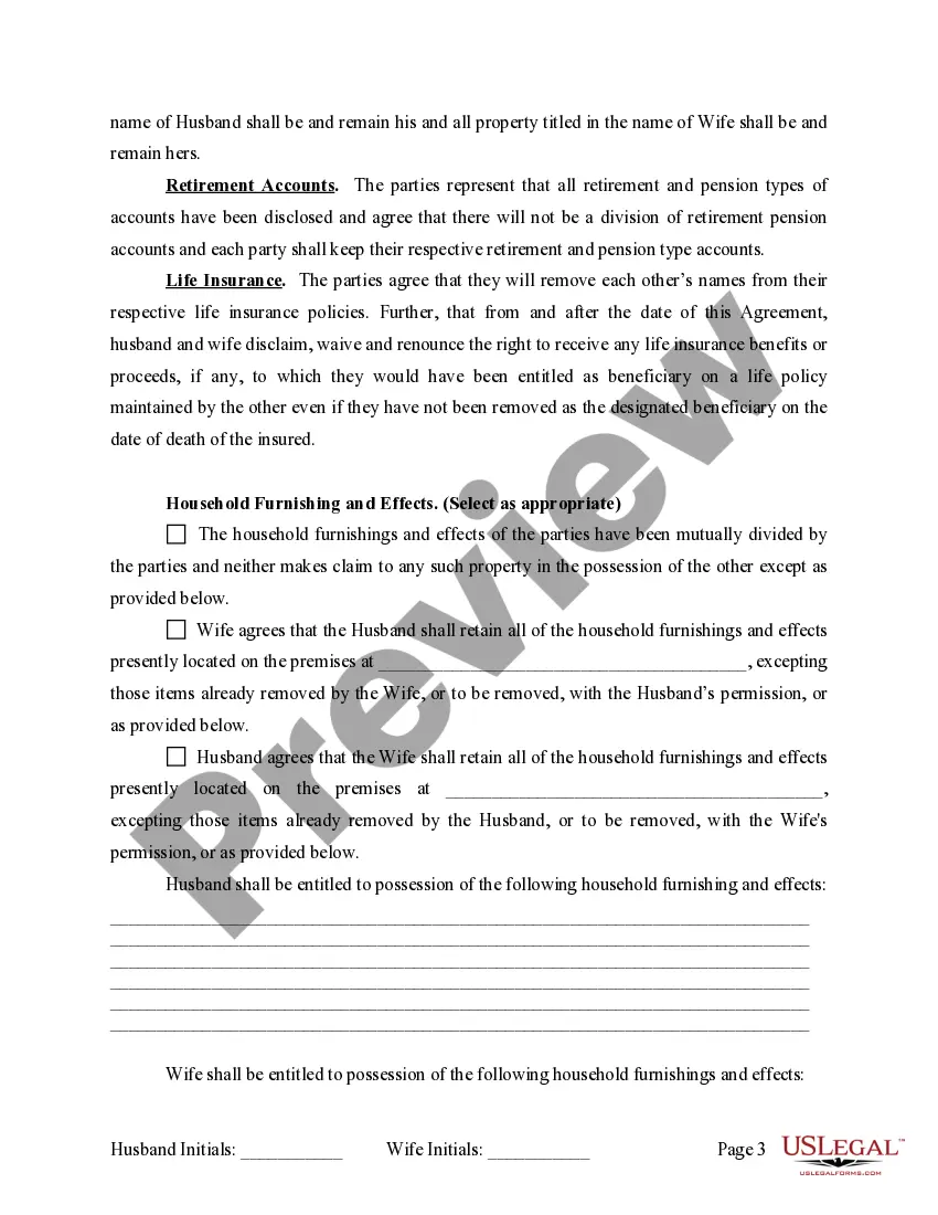 Preview Marital Domestic Separation and Property Settlement Agreement for persons with no Children, no Joint Property, or Debts Effective Immediately
