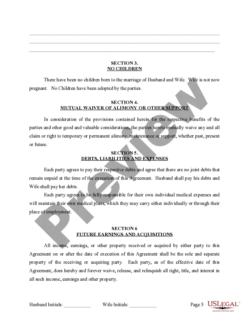 Preview Marital Domestic Separation and Property Settlement Agreement for persons with no Children, no Joint Property, or Debts Effective Immediately