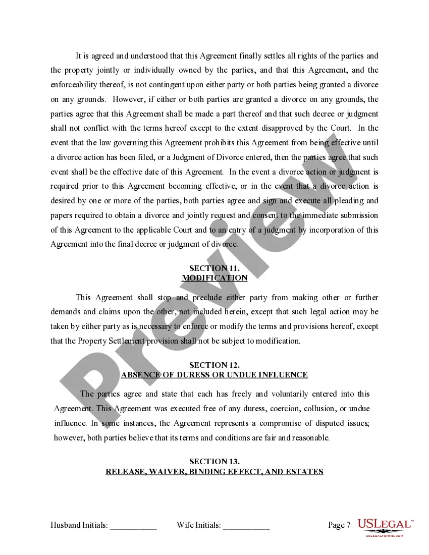 Preview Marital Domestic Separation and Property Settlement Agreement for persons with no Children, no Joint Property, or Debts Effective Immediately