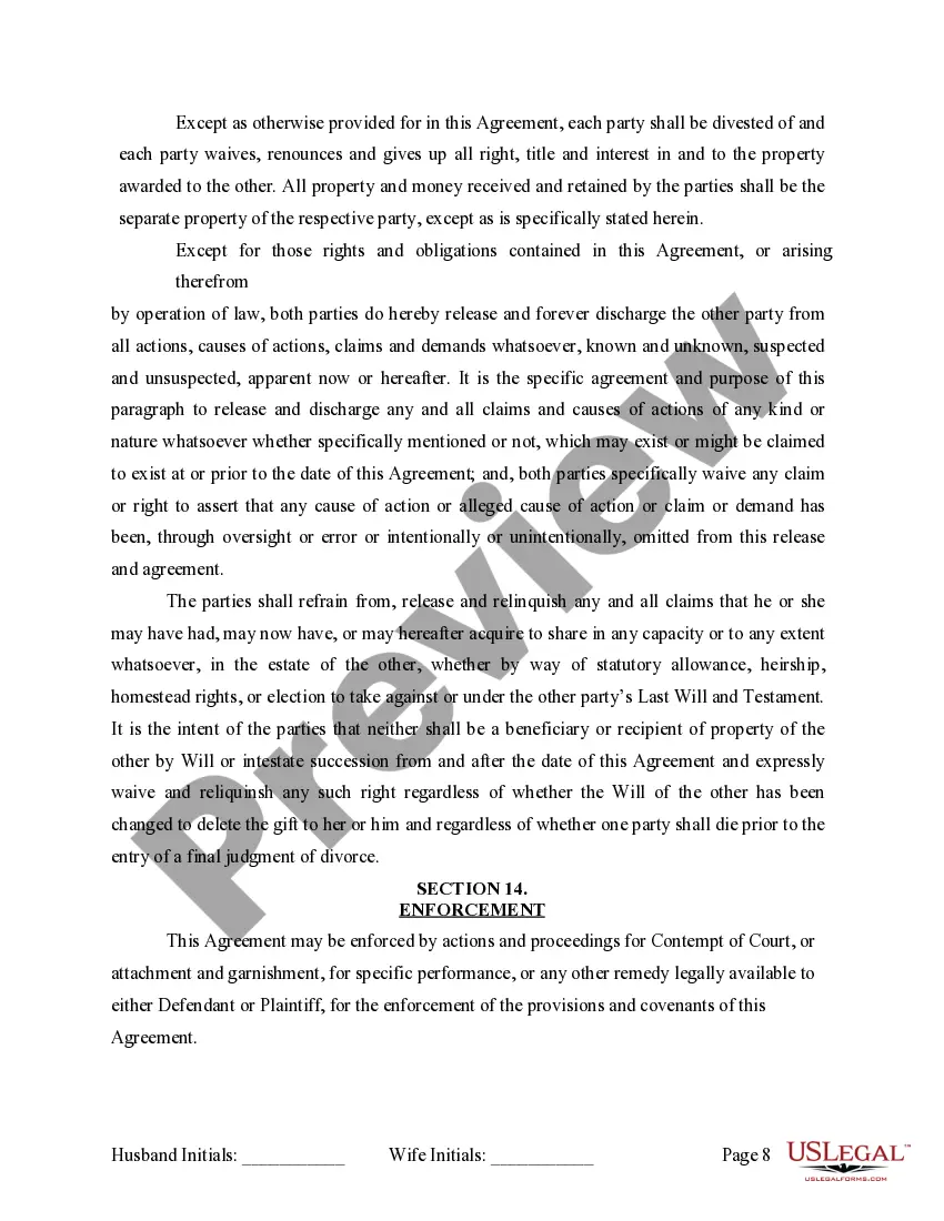 Preview Marital Domestic Separation and Property Settlement Agreement for persons with no Children, no Joint Property, or Debts Effective Immediately