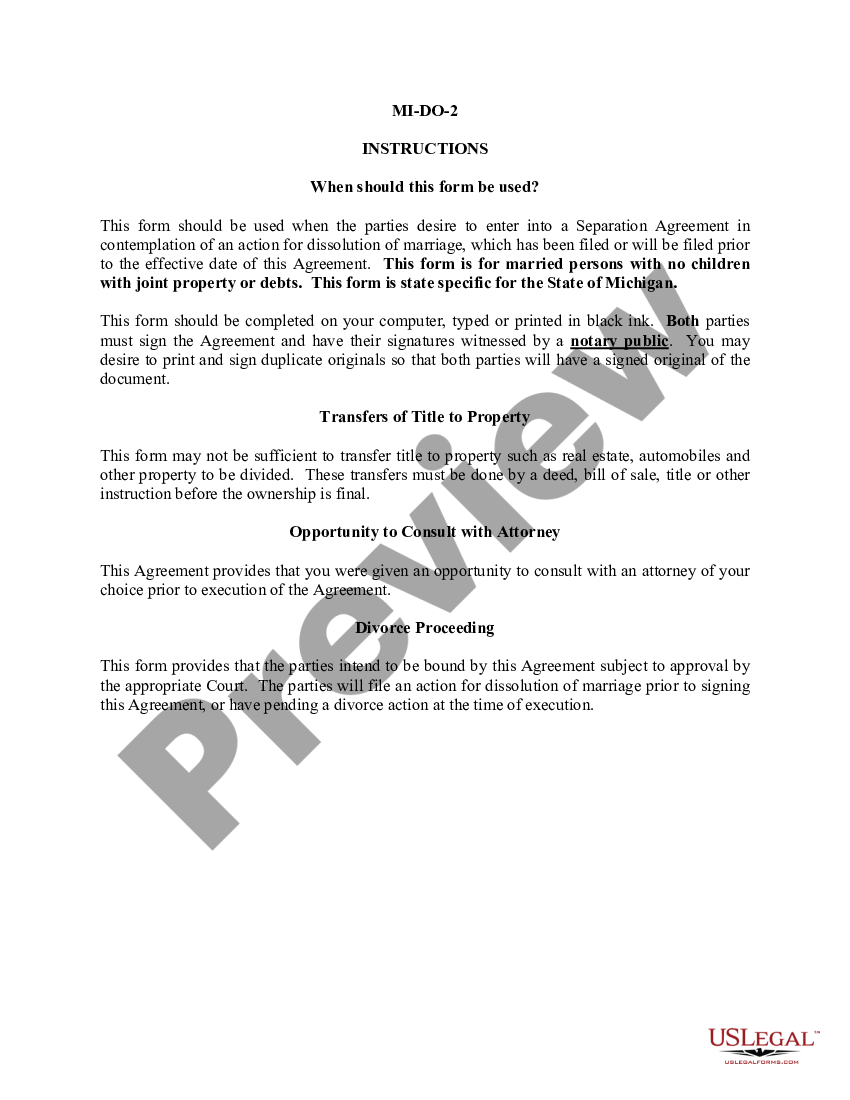 michigan marital domestic separation and property settlement agreement no children parties may have joint property or debts where divorce action filed separate maintenance michigan form