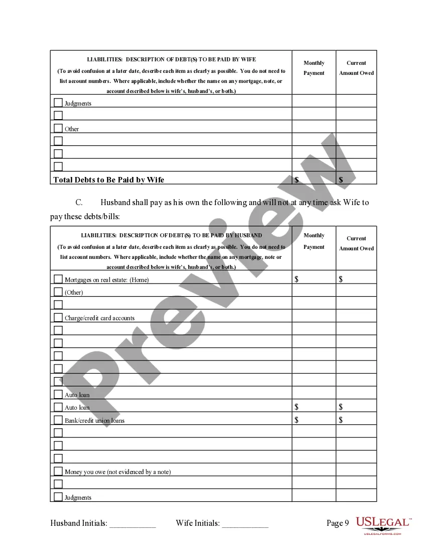 Preview Marital Domestic Separation and Property Settlement Agreement no Children parties may have Joint Property or Debts where Divorce Action Filed