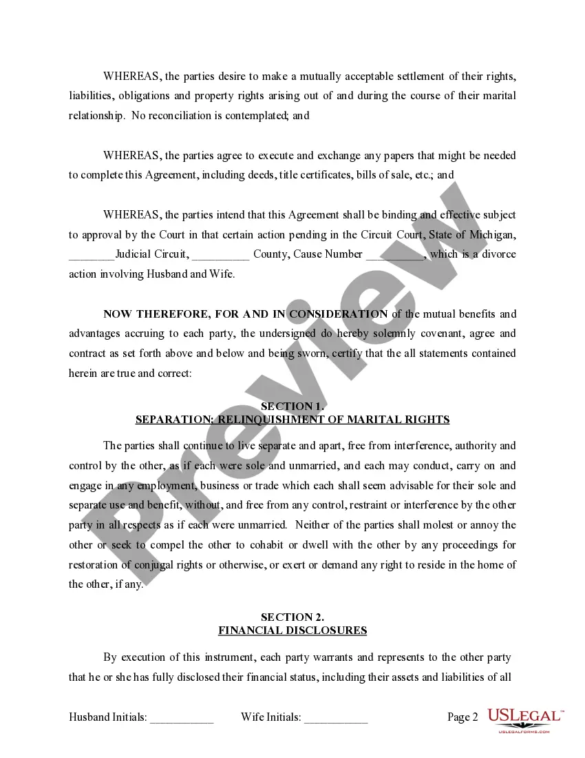 Preview Marital Domestic Separation and Property Settlement Agreement no Children parties may have Joint Property or Debts where Divorce Action Filed