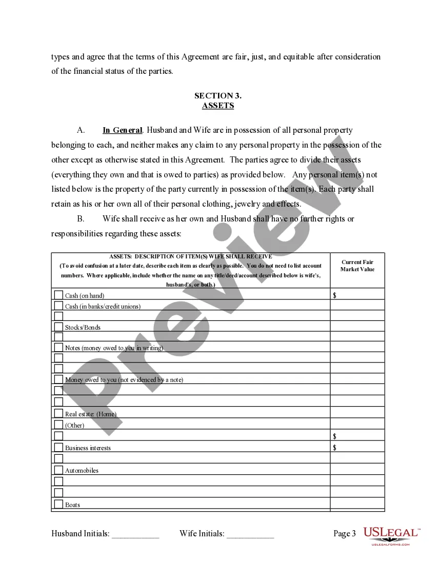 Preview Marital Domestic Separation and Property Settlement Agreement no Children parties may have Joint Property or Debts where Divorce Action Filed
