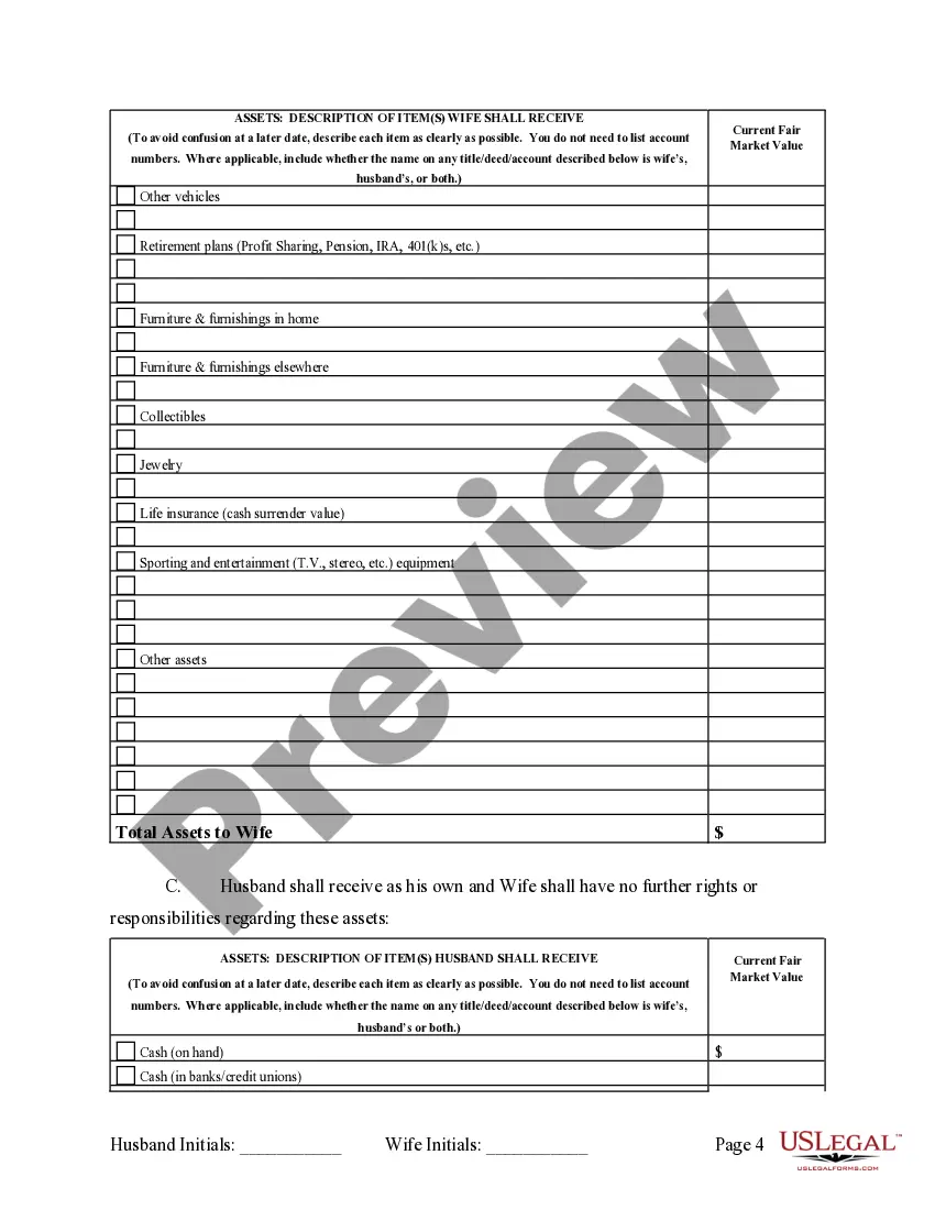 Preview Marital Domestic Separation and Property Settlement Agreement no Children parties may have Joint Property or Debts where Divorce Action Filed