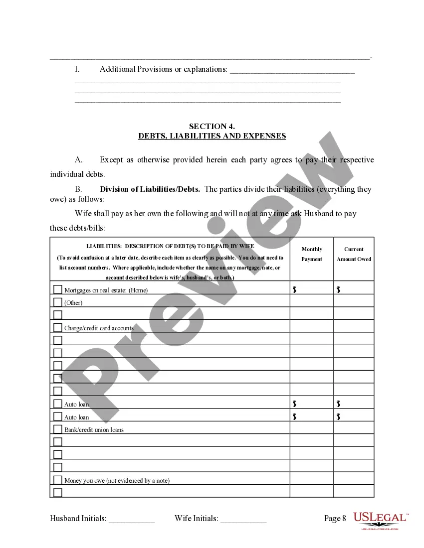 Preview Marital Domestic Separation and Property Settlement Agreement no Children parties may have Joint Property or Debts where Divorce Action Filed