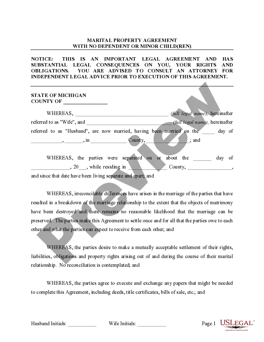 Preview Marital Domestic Separation and Property Settlement Agreement no Children parties may have Joint Property or Debts Effective Immediately