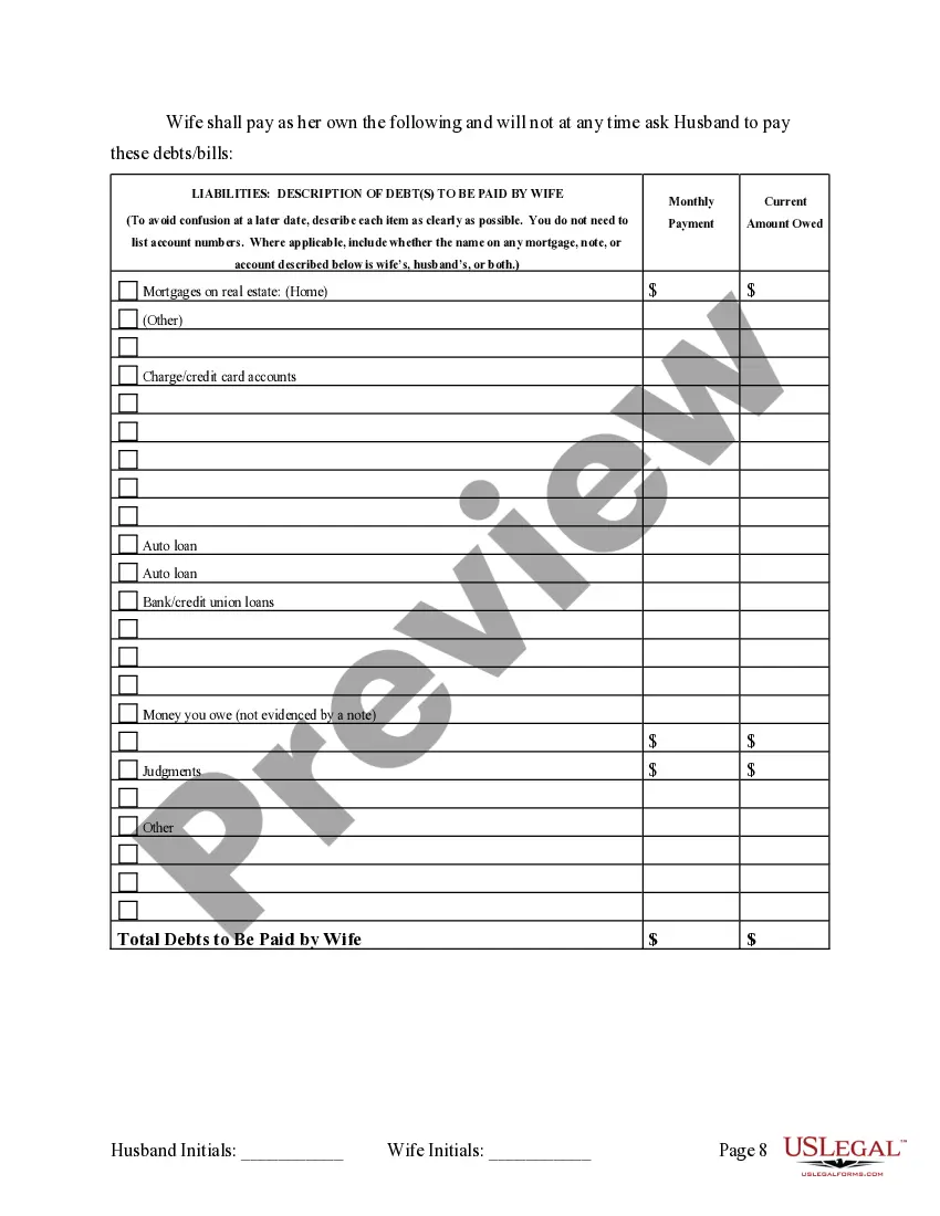 Preview Marital Domestic Separation and Property Settlement Agreement no Children parties may have Joint Property or Debts Effective Immediately