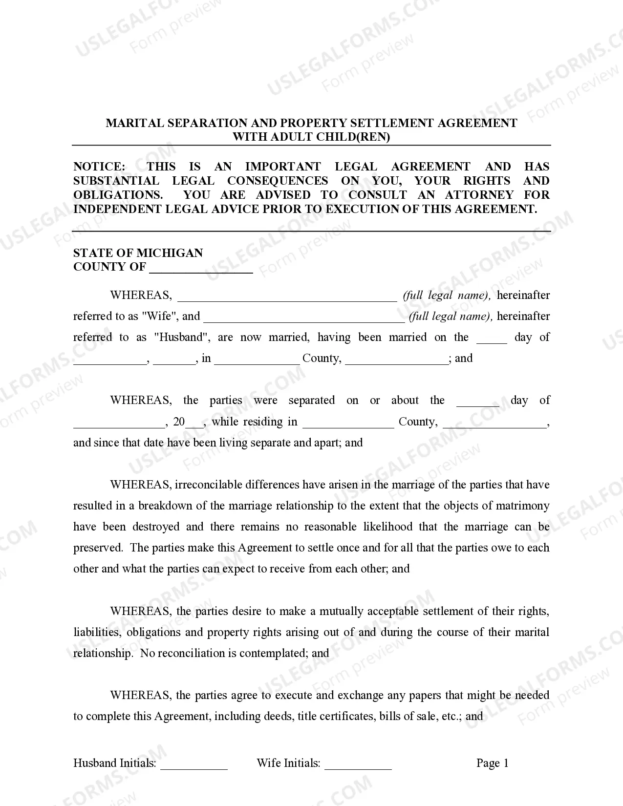 Preview Marital Domestic Separation and Property Settlement Agreement Adult Children Parties May have Joint Property or Debts effective Immediately
