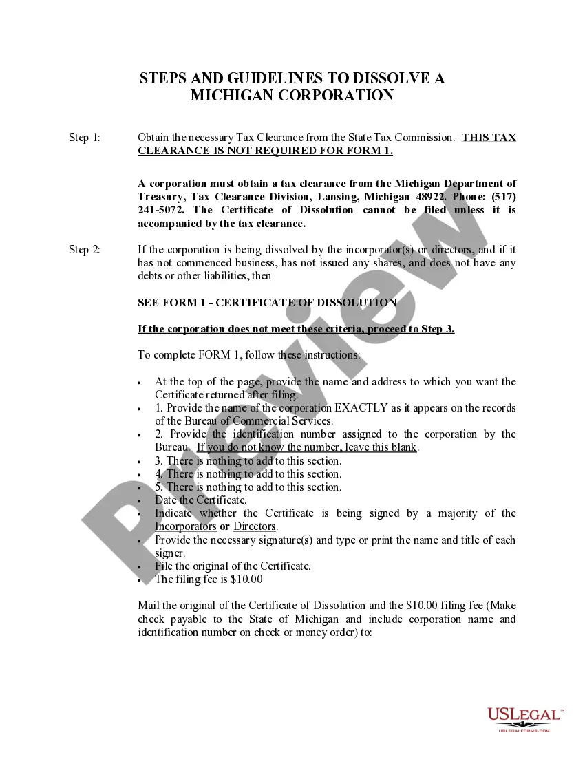Preview Michigan Dissolution Package to Dissolve Corporation