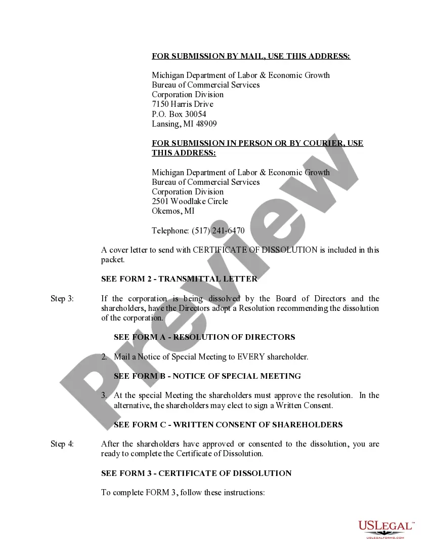 Preview Michigan Dissolution Package to Dissolve Corporation