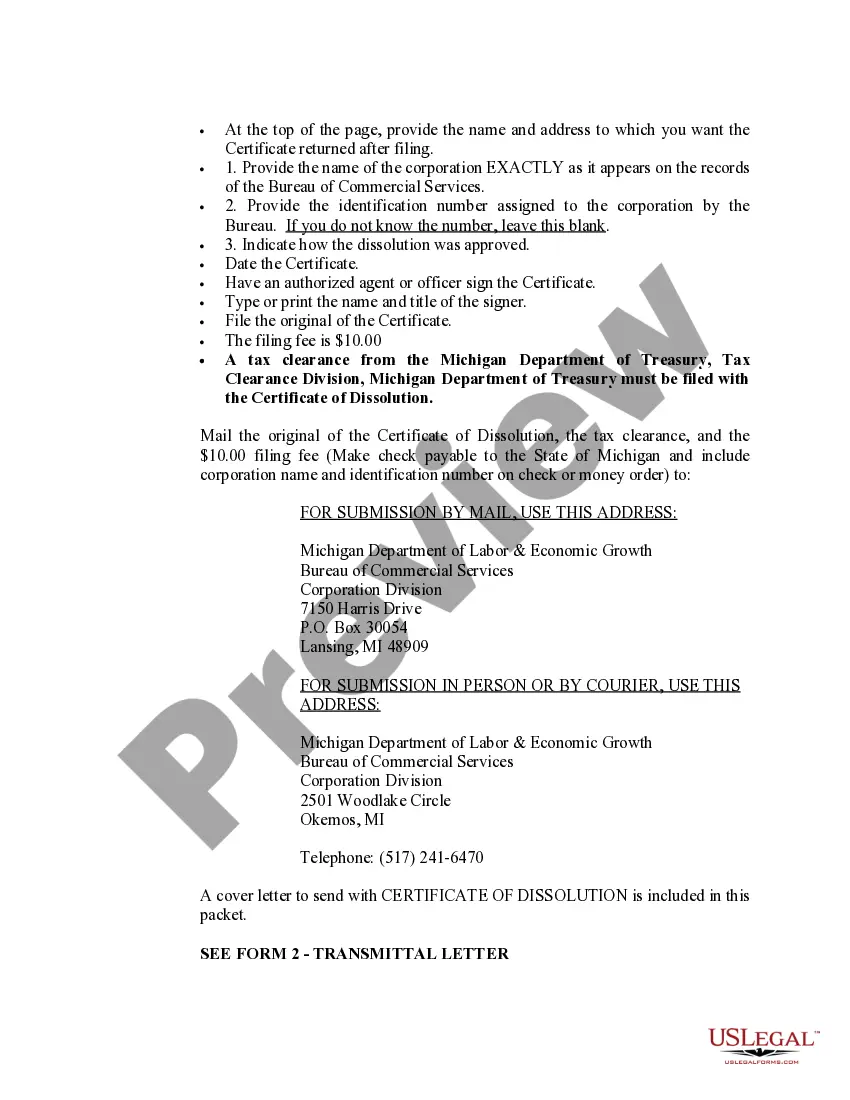 Preview Michigan Dissolution Package to Dissolve Corporation