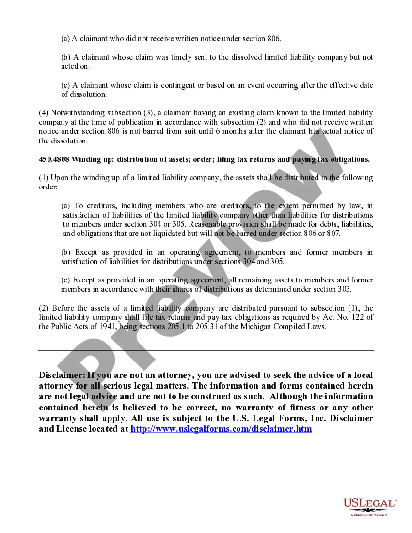 Get Michigan Dissolution Package to Dissolve Limited Liability Company LLC Preview Michigan Dissolution Package to Dissolve Limited Liability Company LLC