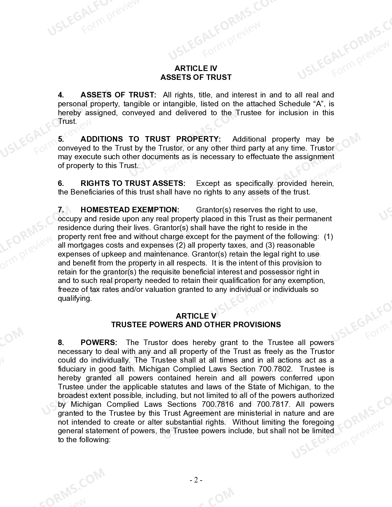Michigan Living Trust for Individual Who is Single Mi Living Trust
