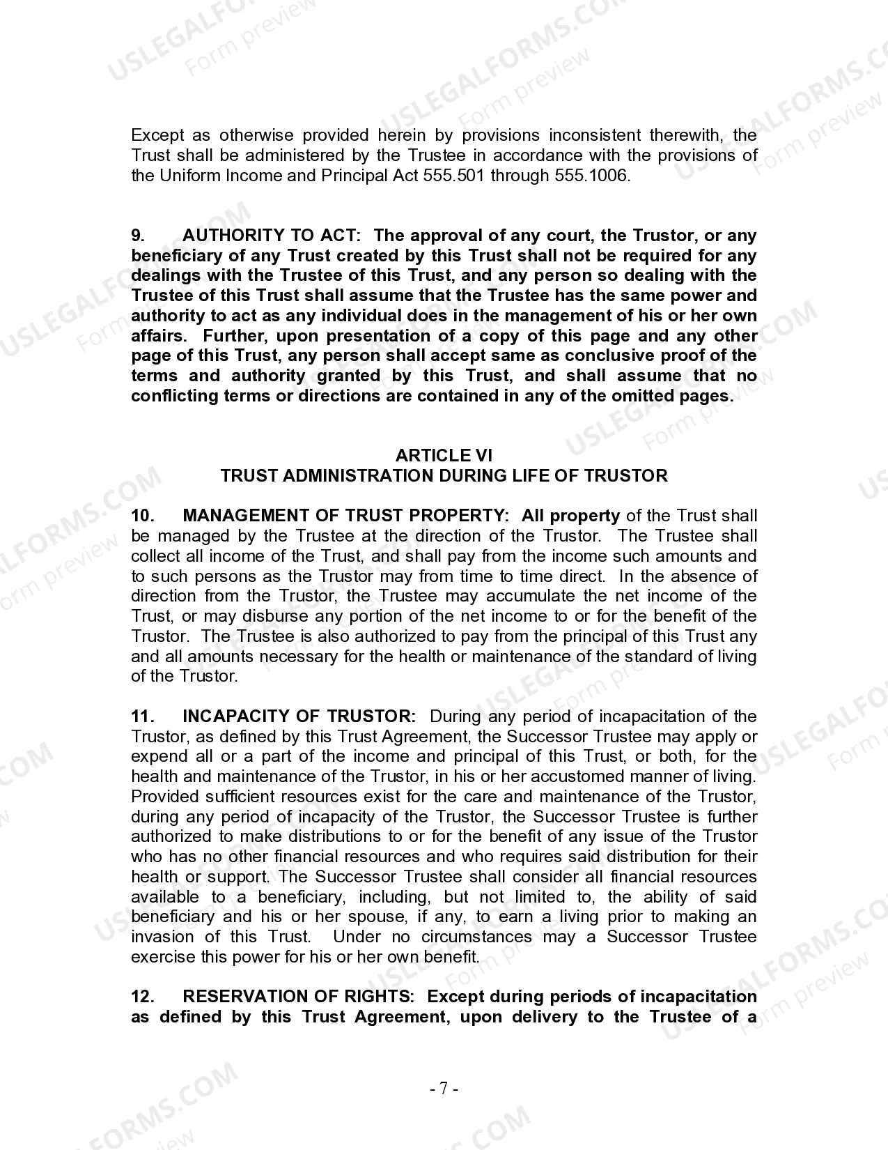 Preview Living Trust for Individual Who is Single, Divorced or Widow (or Widower) with No Children