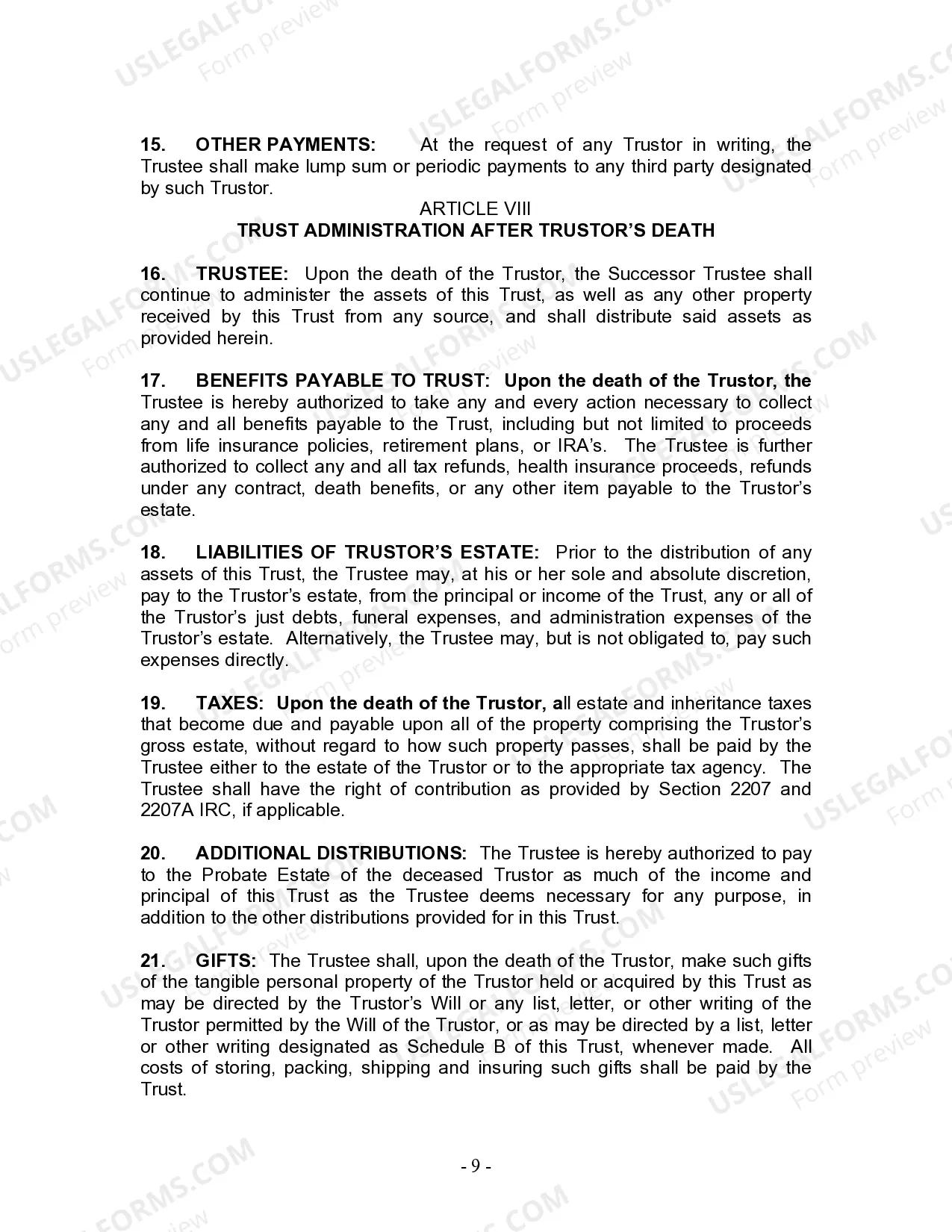 Preview Living Trust for Individual Who is Single, Divorced or Widow (or Widower) with No Children