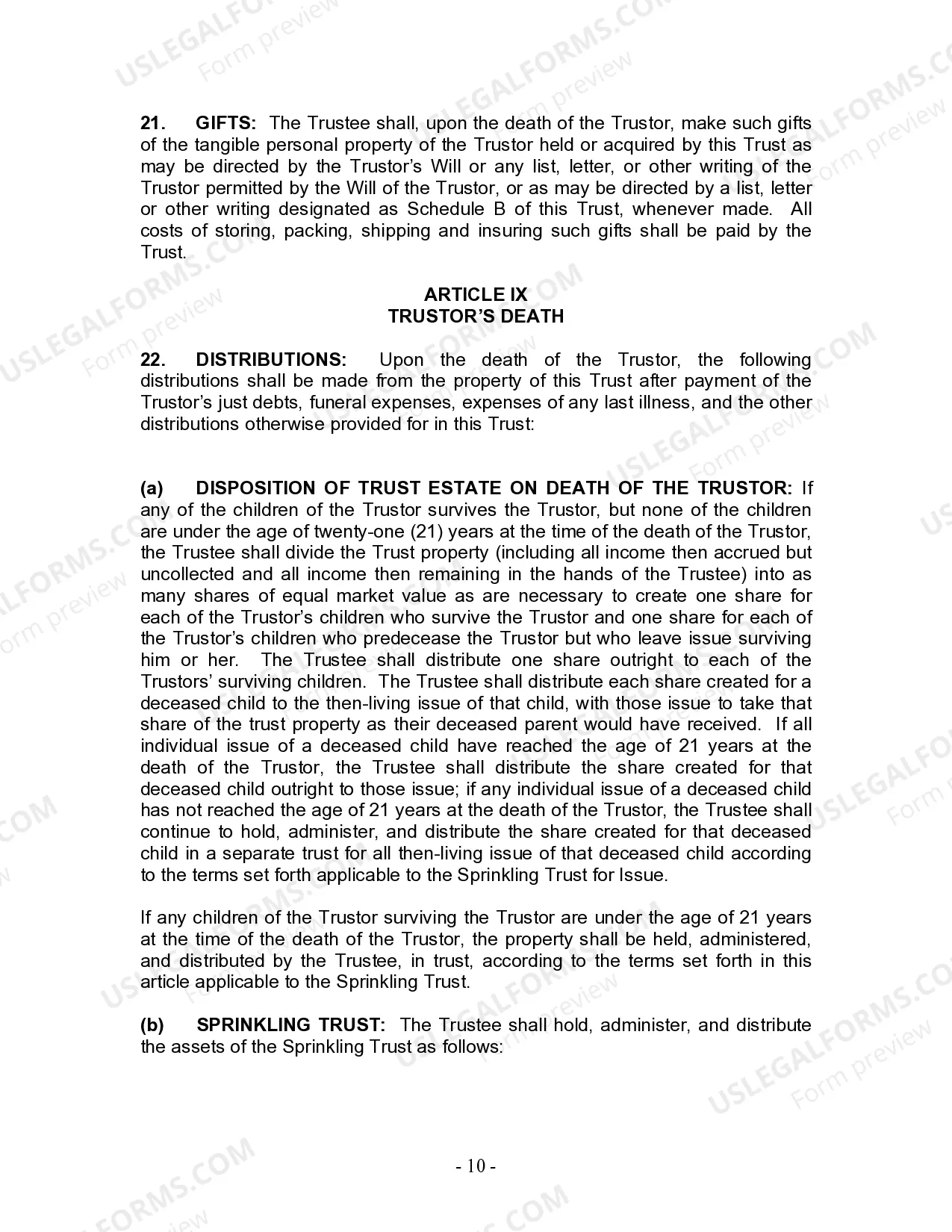 Preview Living Trust for Individual Who is Single, Divorced or Widow (or Widower) with Children