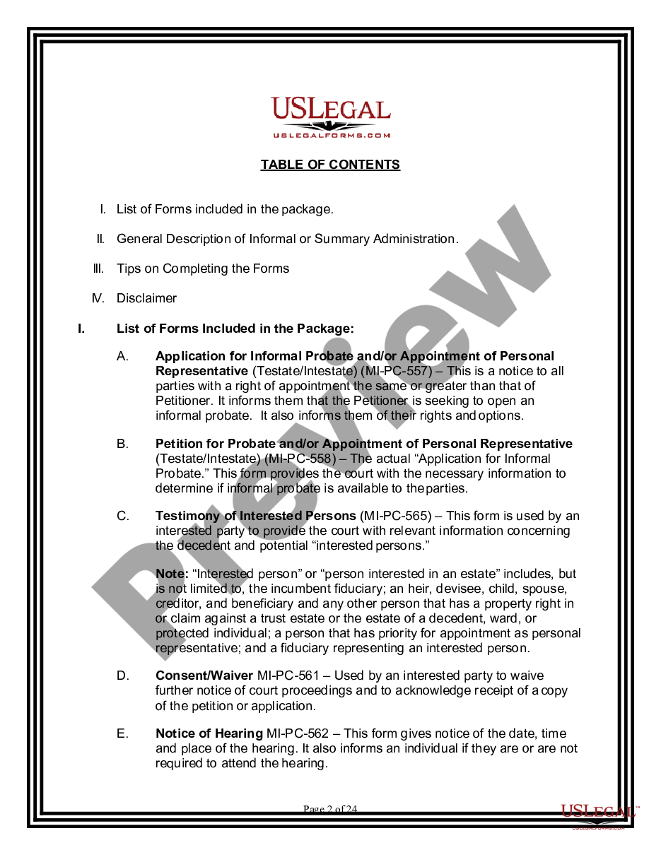 Michigan Summary Administration Package for Small Estates Michigan