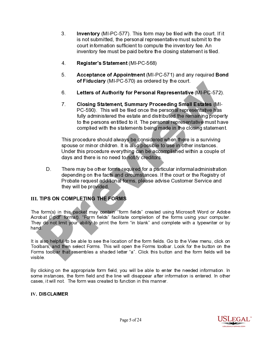 Michigan Summary Administration Package for Small Estates Michigan