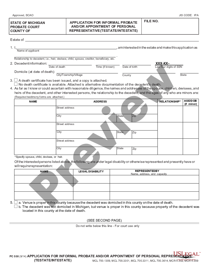 Michigan Summary Administration Package For Small Estates Michigan Small Estate Us Legal Forms 