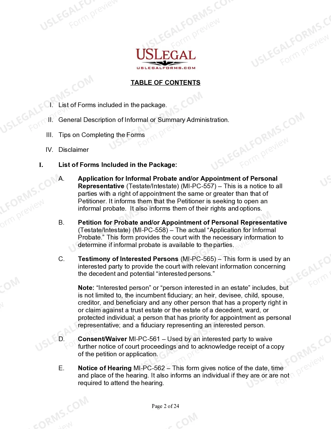 Preview Summary Administration Package for Small Estates