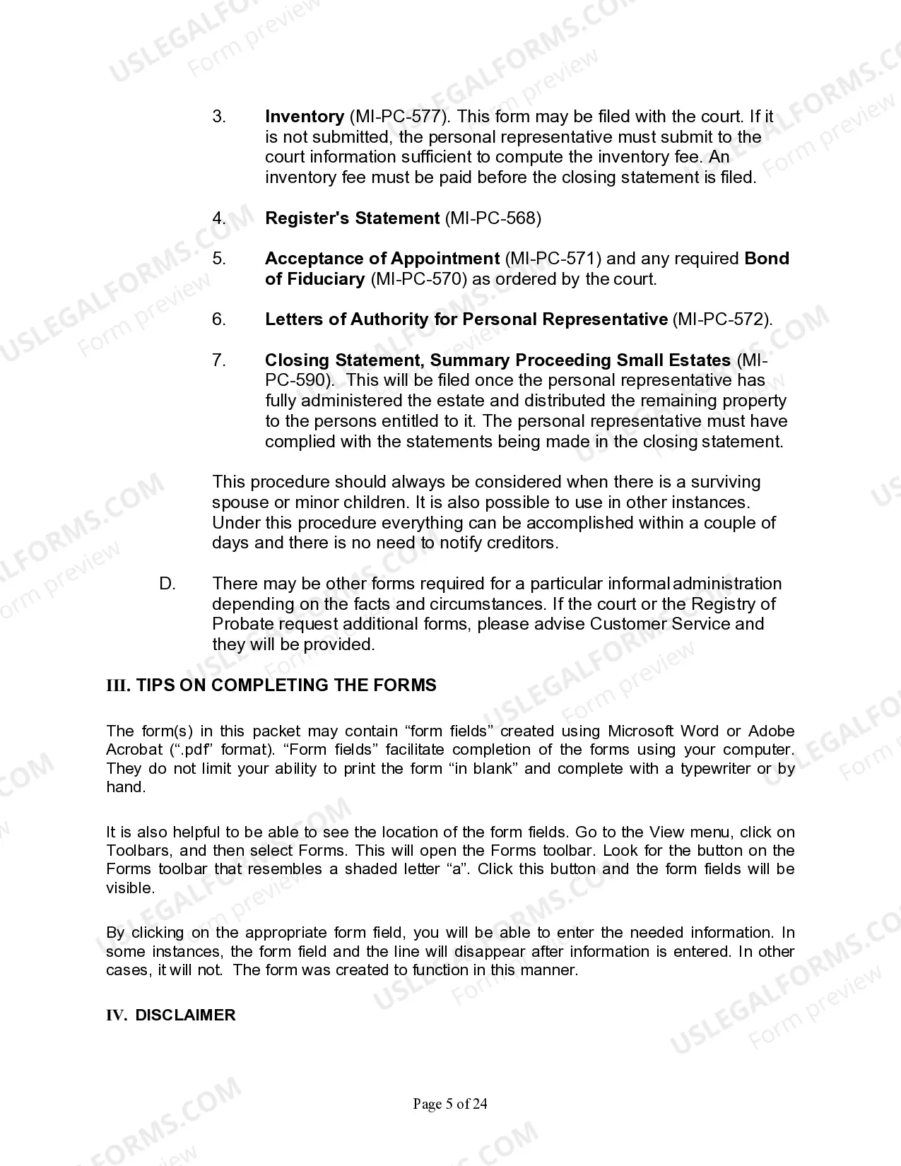 Preview Summary Administration Package for Small Estates