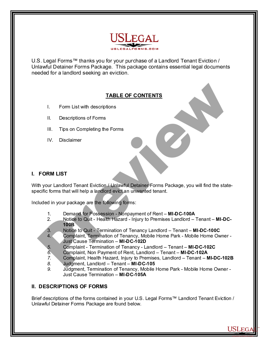 page 1 Michigan Landlord Tenant Eviction / Unlawful Detainer Forms Package preview