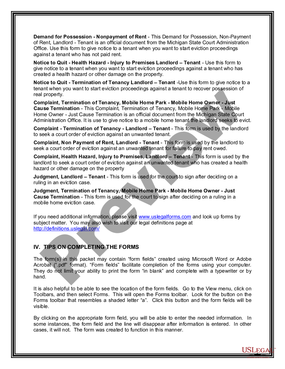page 2 Michigan Landlord Tenant Eviction / Unlawful Detainer Forms Package preview