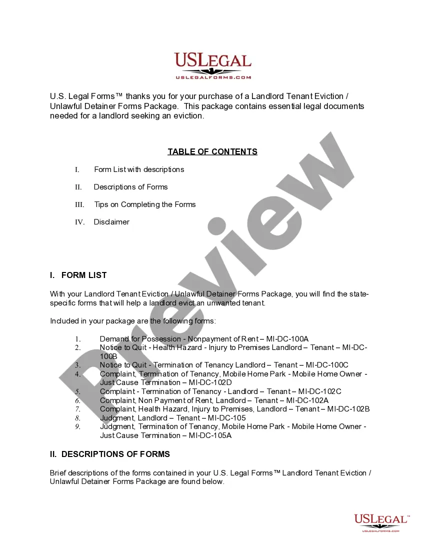 Get Michigan Landlord Tenant Eviction / Unlawful Detainer Forms Package Preview Michigan Landlord Tenant Eviction / Unlawful Detainer Forms Package
