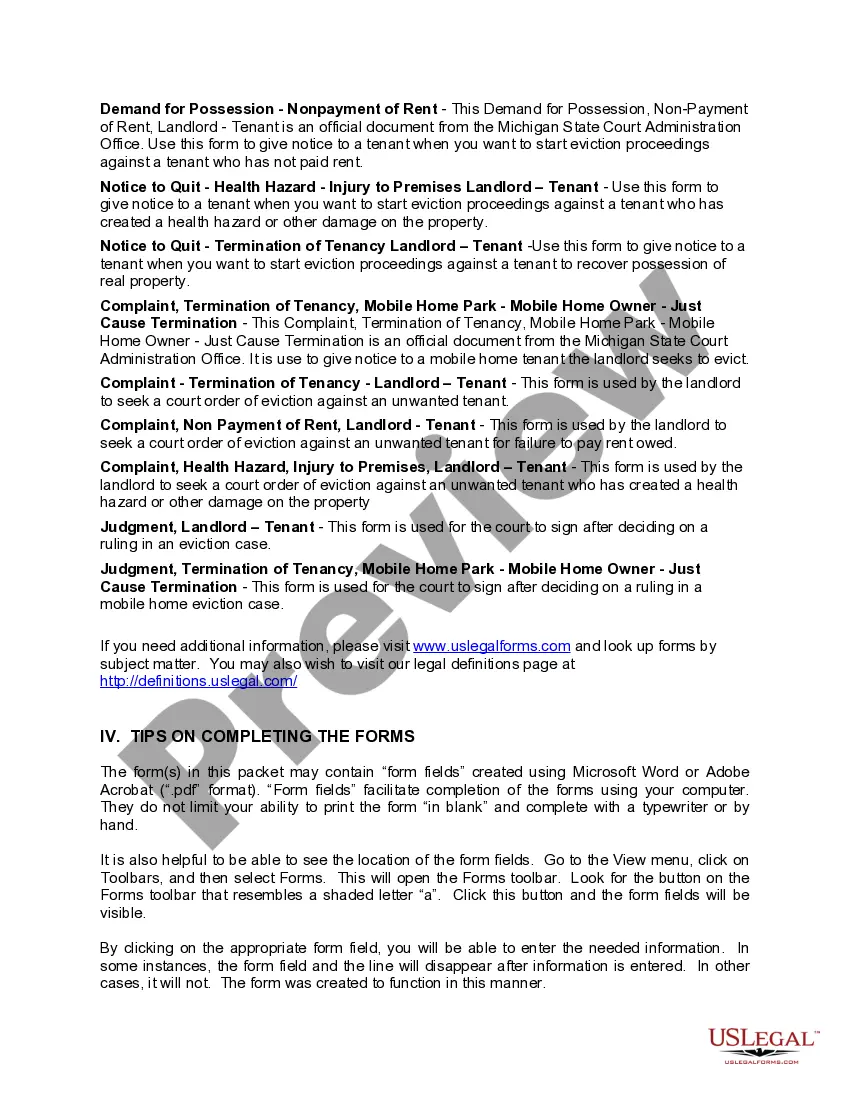 Get Michigan Landlord Tenant Eviction / Unlawful Detainer Forms Package Preview Michigan Landlord Tenant Eviction / Unlawful Detainer Forms Package