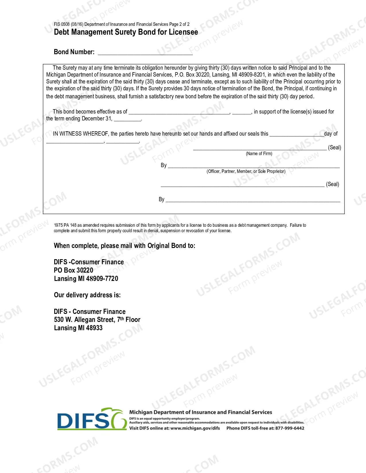 Preview Debt Management Surety Bond For License