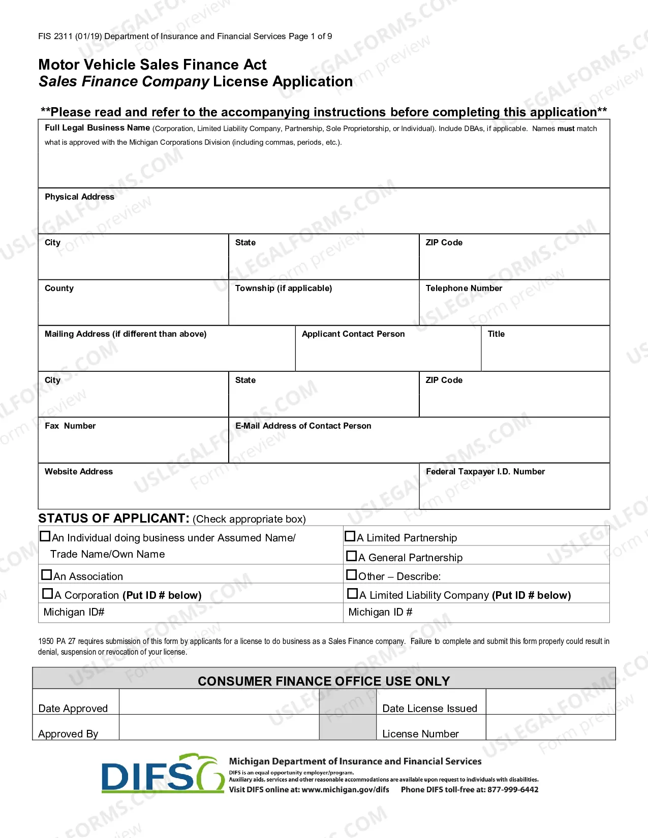 Preview Sales Finance License Application, Procedures and Fe