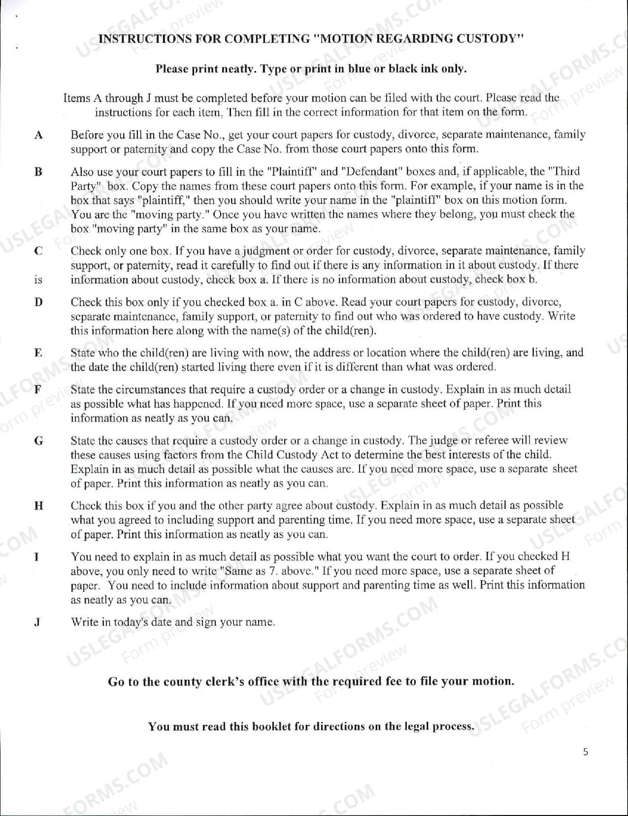 Preview Instructions and Motion to Change Custody