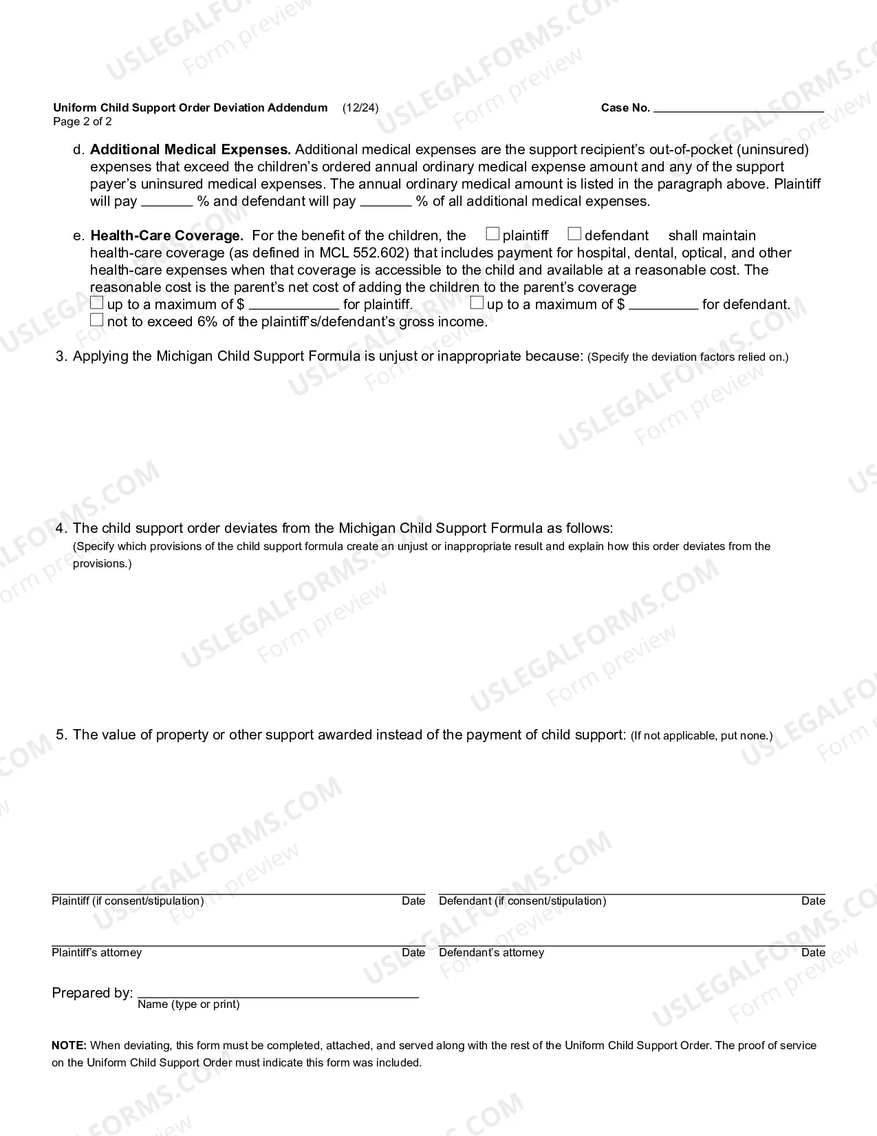 Preview Uniform Child Support Order Deviation Addendum effective January 1, 2017