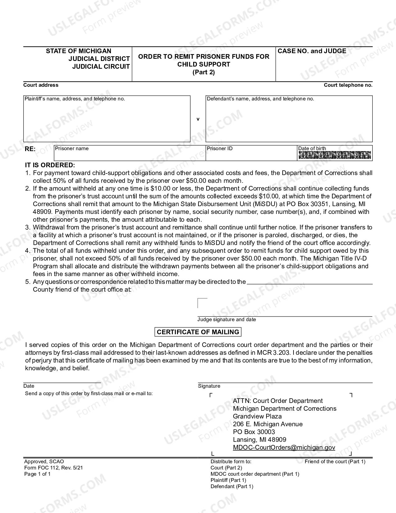 Preview Order To Remit Prisoner Funds For Child Support