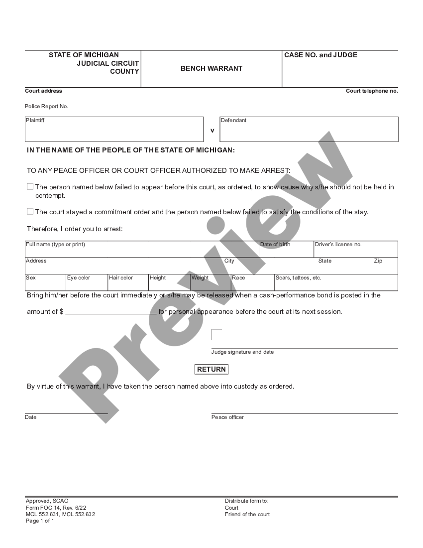 Michigan Bench Warrant Memorandum of Bench Warrant Bench Warrant