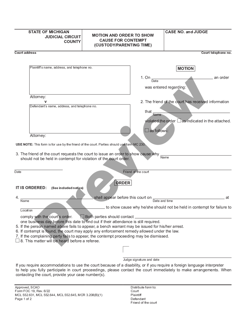 page 0 Motion and Order to Show Cause for Contempt - Custody - Parenting Time preview