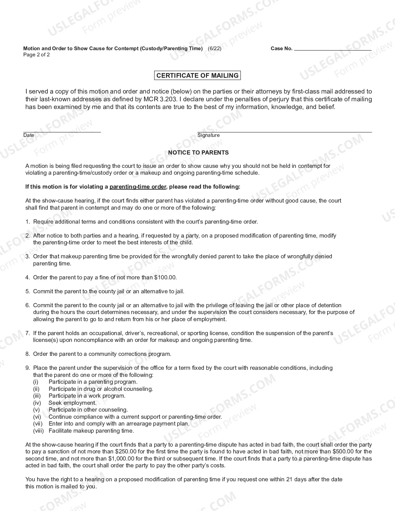 Preview Motion and Order to Show Cause for Contempt (Custody/Parenting Time)