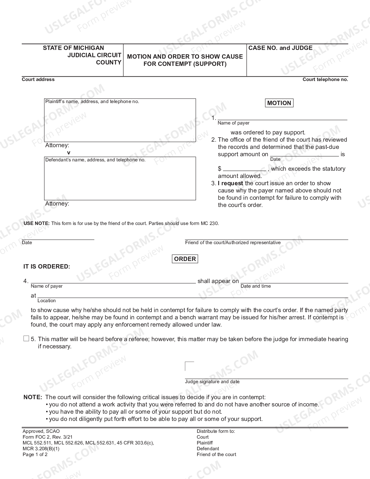 Wayne Michigan Motion and Order to Show Cause for Contempt Michigan Foc Forms US Legal Forms
