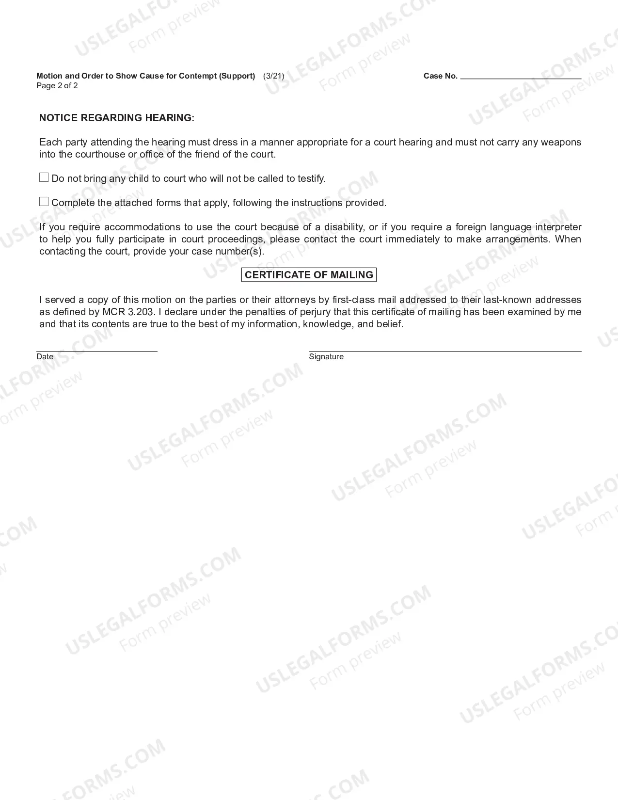 Preview Motion and Order to Show Cause for Contempt (Support)