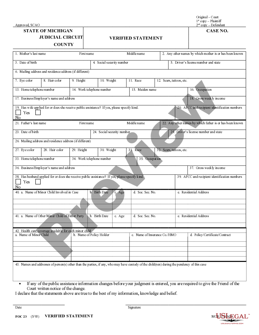 Michigan verified statement and application for iv verified statement