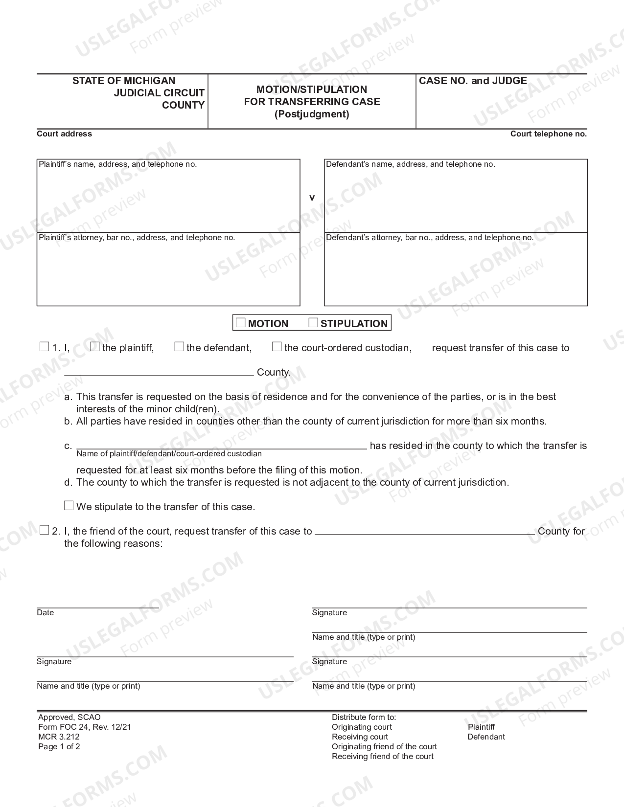 Michigan Petition Motion Stipulation for Transferring Case Post