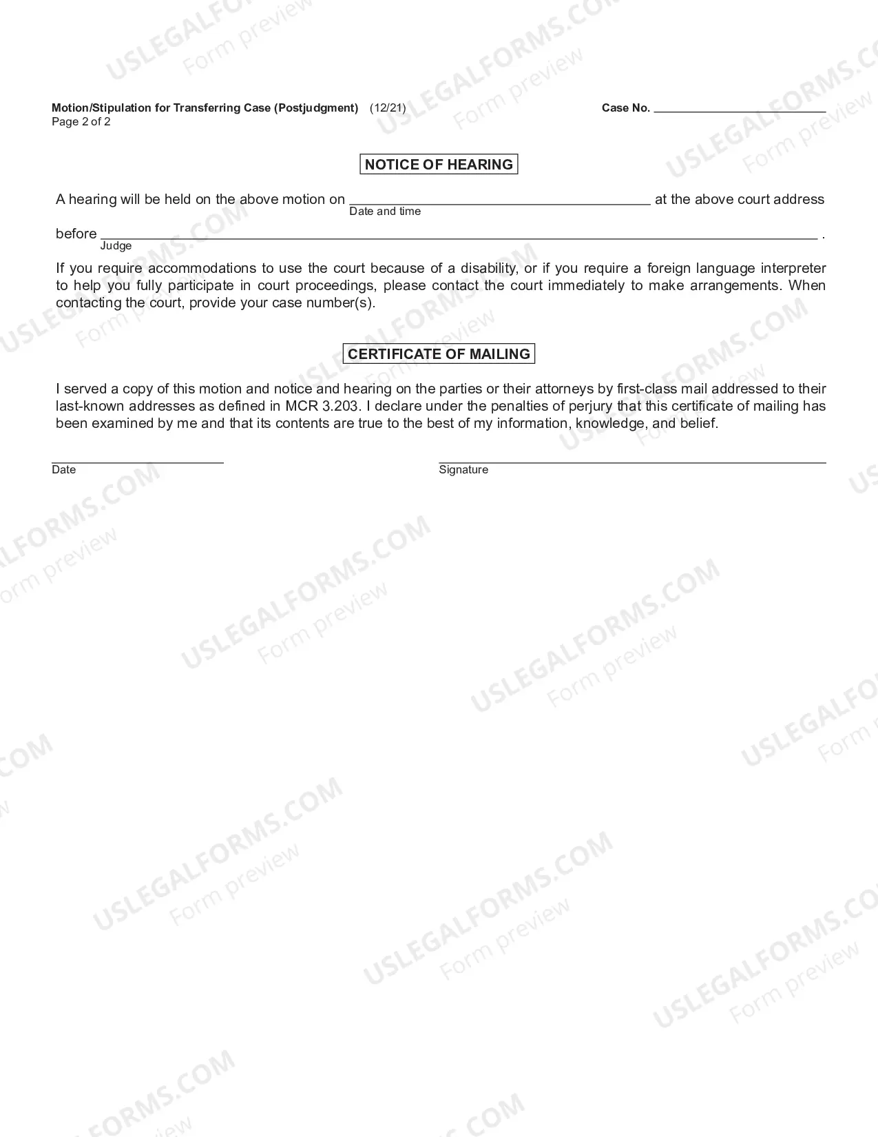 Preview Motion Or Stipulation For Transferring Case (Post Judgment)